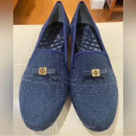 TORY Burch Chandra Tweed Navy Blue Loafers Sz 7.5 - Picture 7 of 12